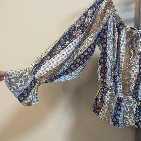 Triple Seven Boho Long Sleeve Off The Shoulder Printed Crop Top - Picture 5 of 9